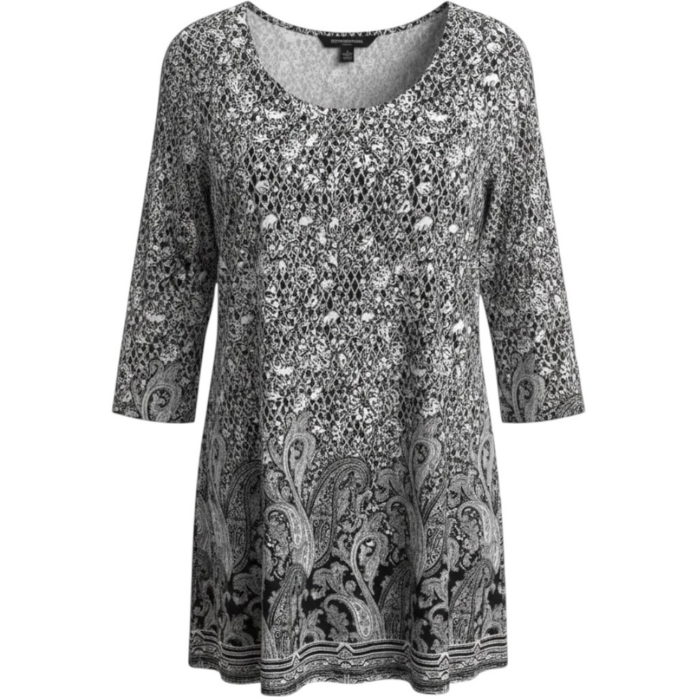 Adrienne Vittadini Womens 2X Paisley Floral Tunic Top Black White 3/4 Sleeve